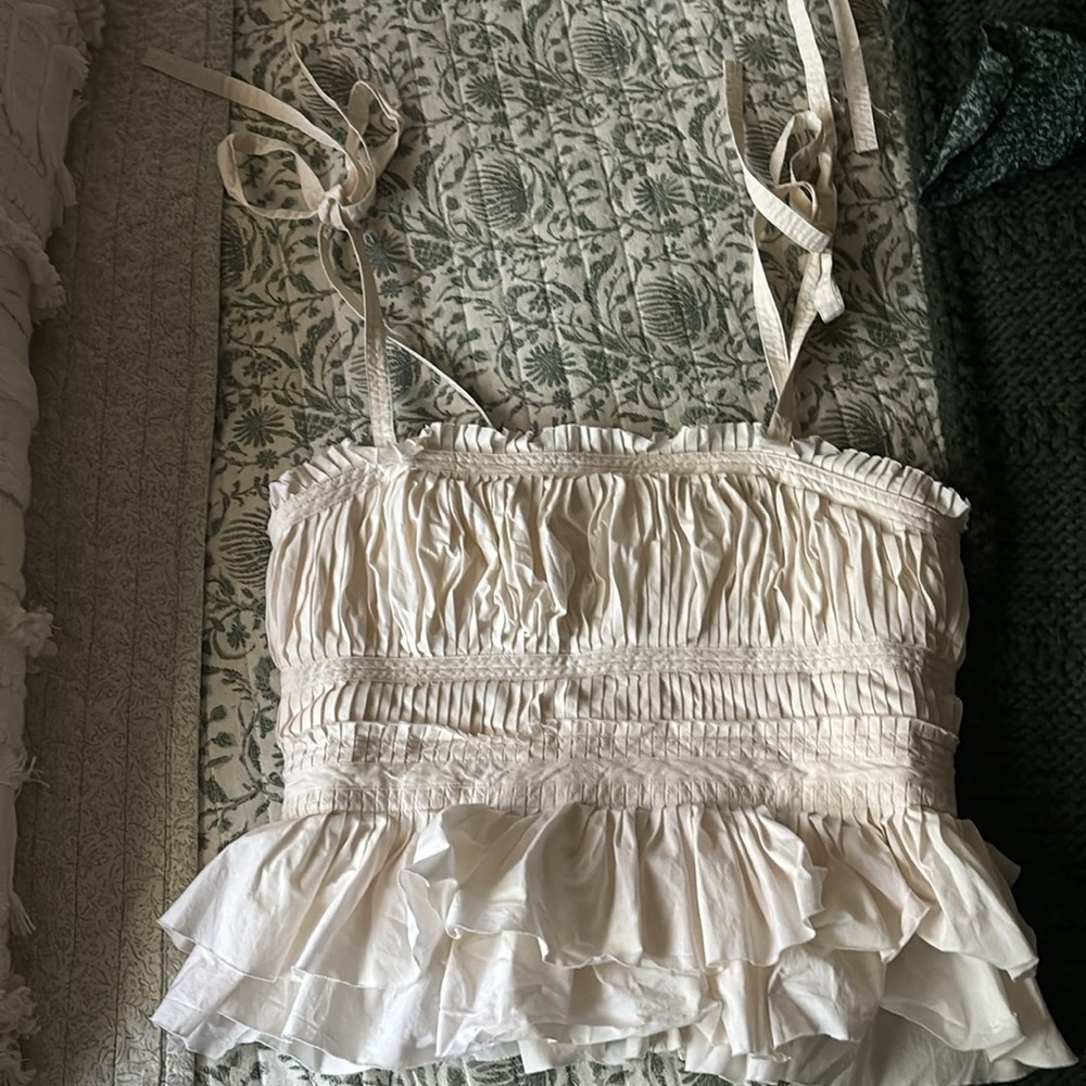 Ulla Johnson Cream Ruffled Tie-Shoulder Crop Top - Picture 4 of 7